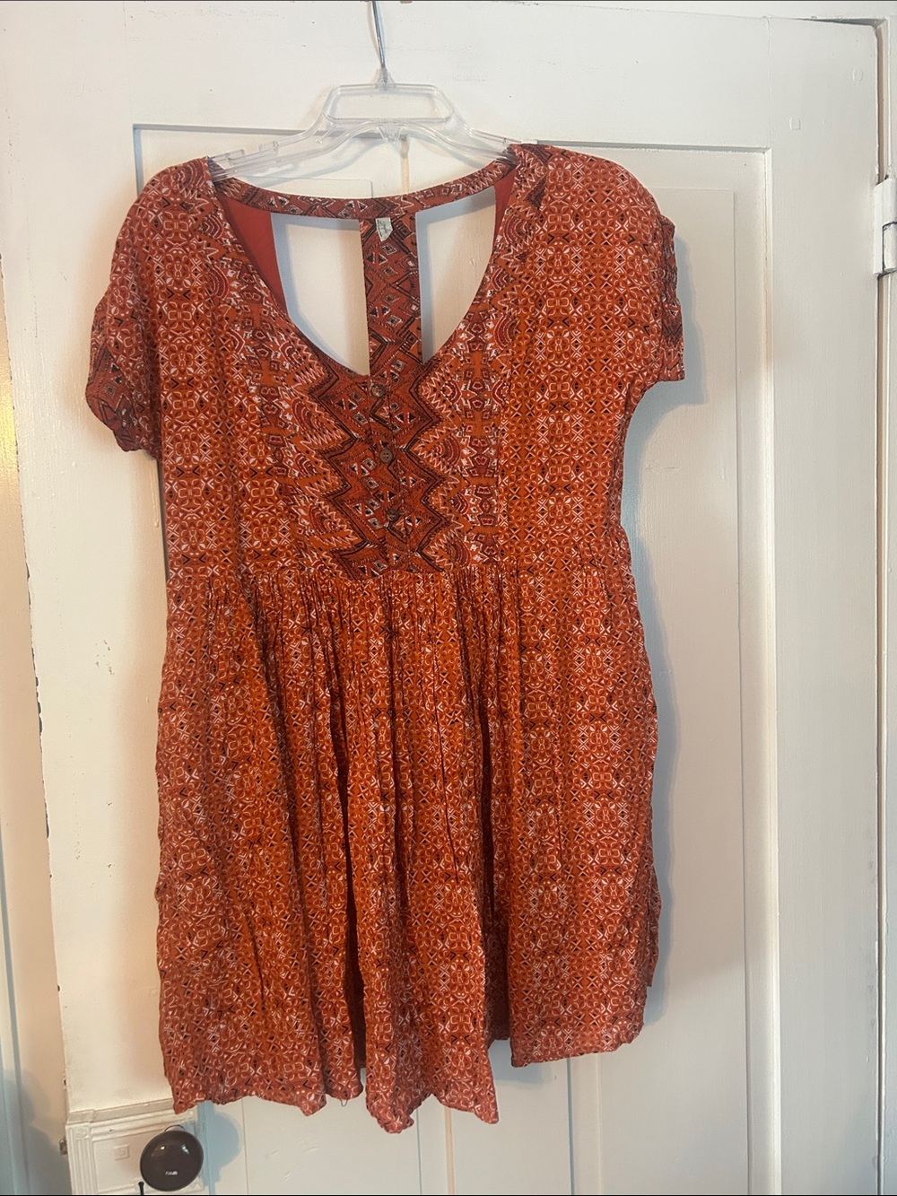 FREE PEOPLE Sundown Babydoll Dress Rust Orange XS-Med T-Back Boho Aztec Concert